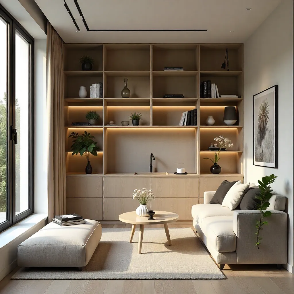 Open shelving system in small apartment